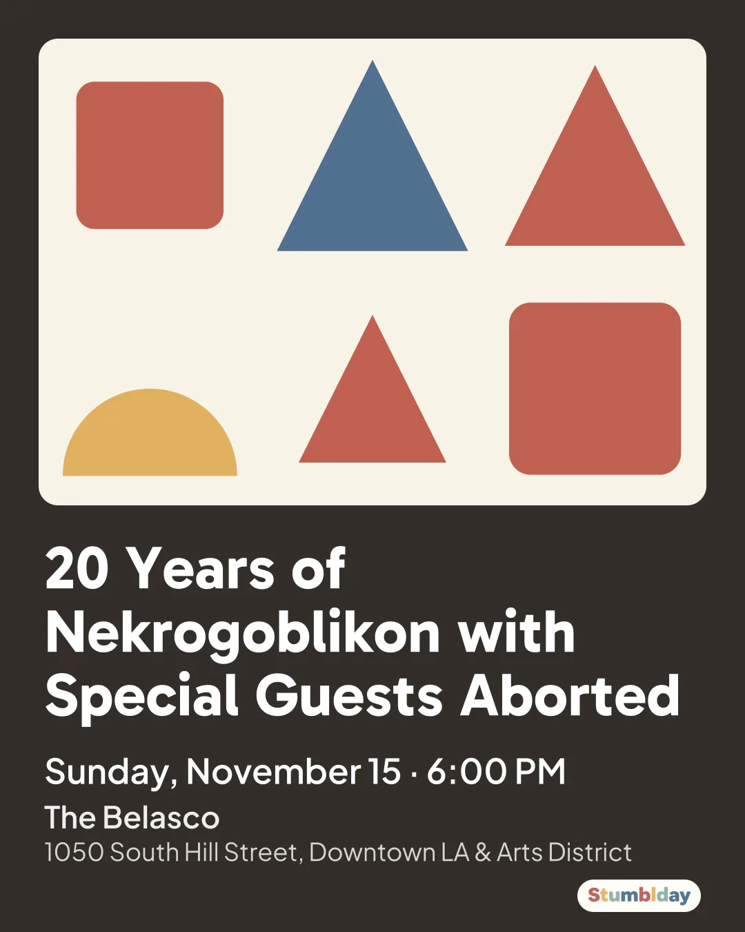 Flyer for 20 Years of Nekrogoblikon with Special Guests Aborted: Sunday, November 15 · 6:00 PM at The Belasco