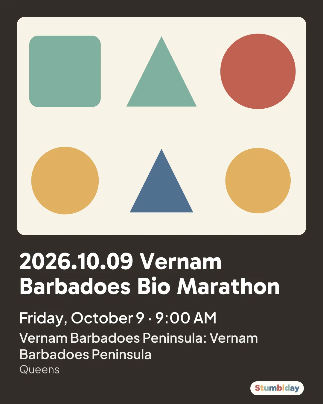 Flyer for 2026.10.09 Vernam Barbadoes Bio Marathon: Friday, October 9 · 9:00 AM at Vernam Barbadoes Peninsula: Vernam Barbadoes Peninsula