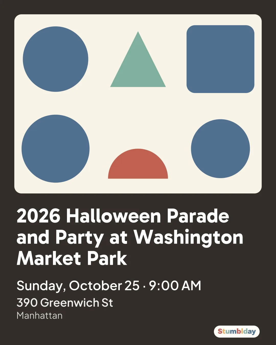 Flyer for 2026 Halloween Parade and Party at Washington Market Park: Sunday, October 25 · 9:00 AM at 390 Greenwich St