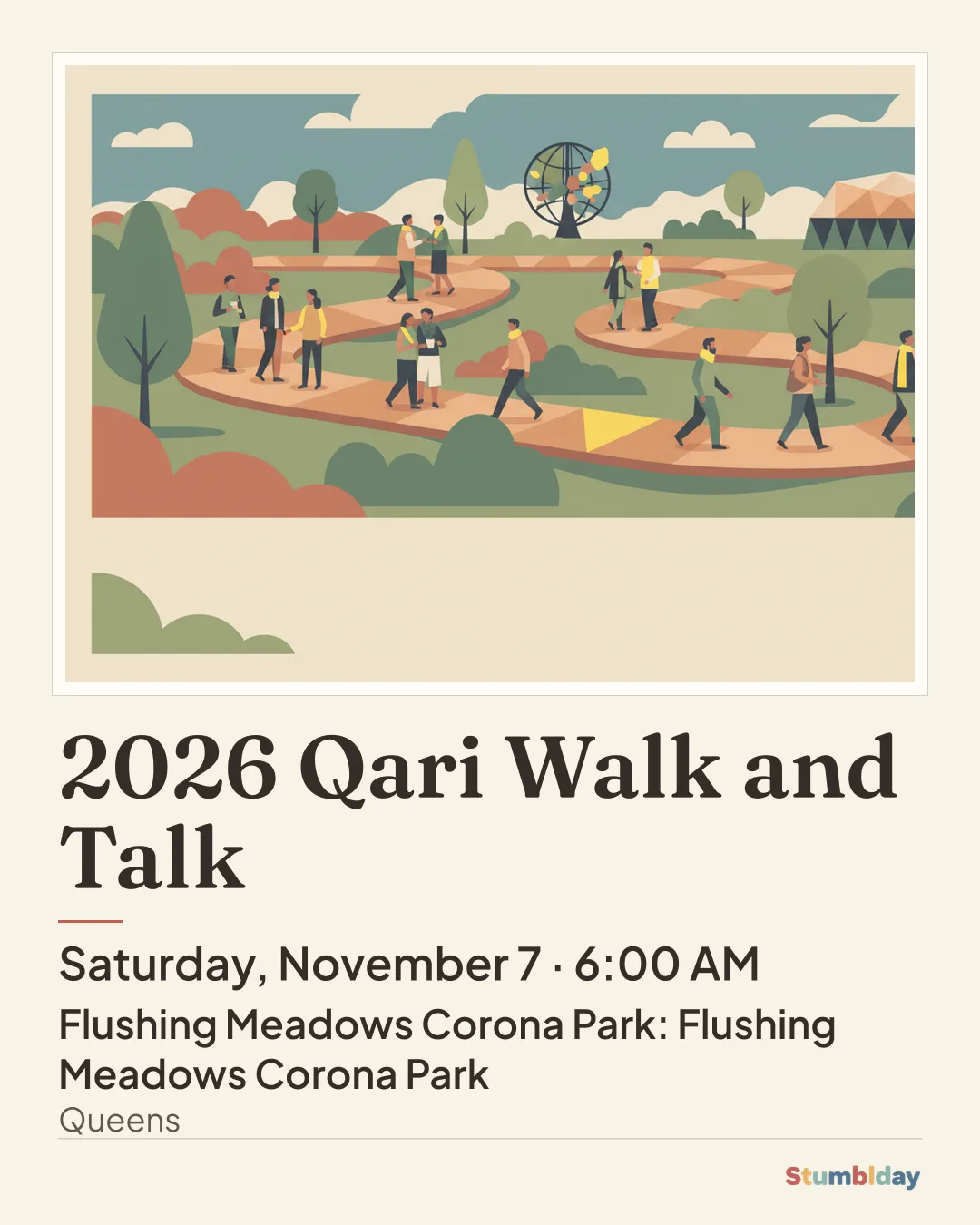 Flyer for 2026 Qari Walk and Talk: Saturday, November 7 · 6:00 AM at Flushing Meadows Corona Park: Flushing Meadows Corona Park