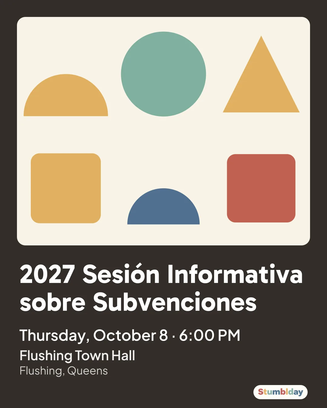 Flyer for 2027 Sesión Informativa sobre Subvenciones: Thursday, October 8 · 6:00 PM at Flushing Town Hall