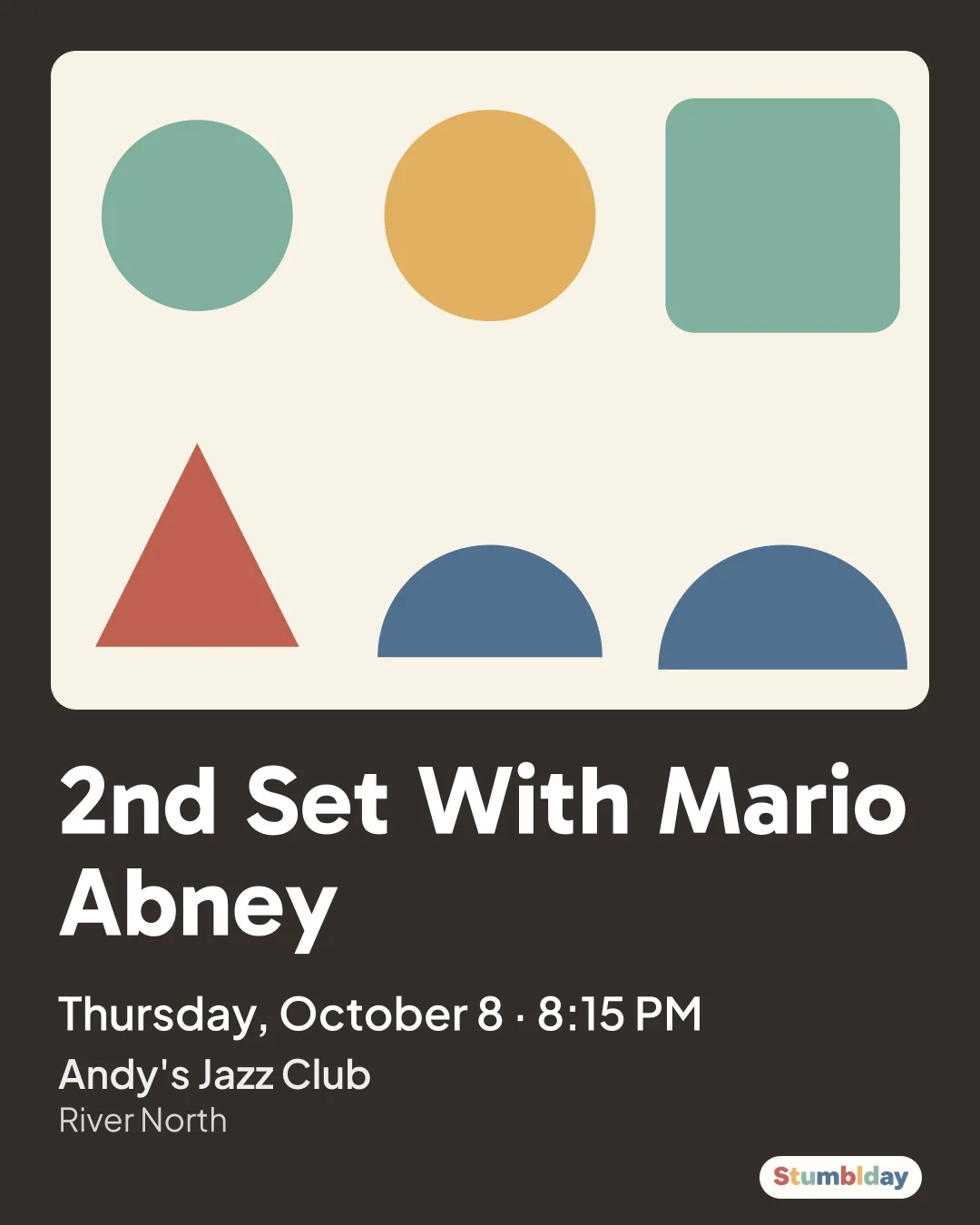 Flyer for 2nd Set With Mario Abney: Thursday, October 8 · 8:15 PM at Andy's Jazz Club