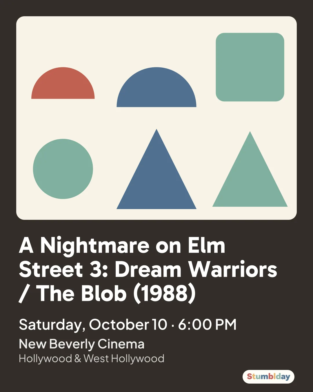 Flyer for A Nightmare on Elm Street 3: Dream Warriors / The Blob (1988): Saturday, October 10 · 6:00 PM at New Beverly Cinema