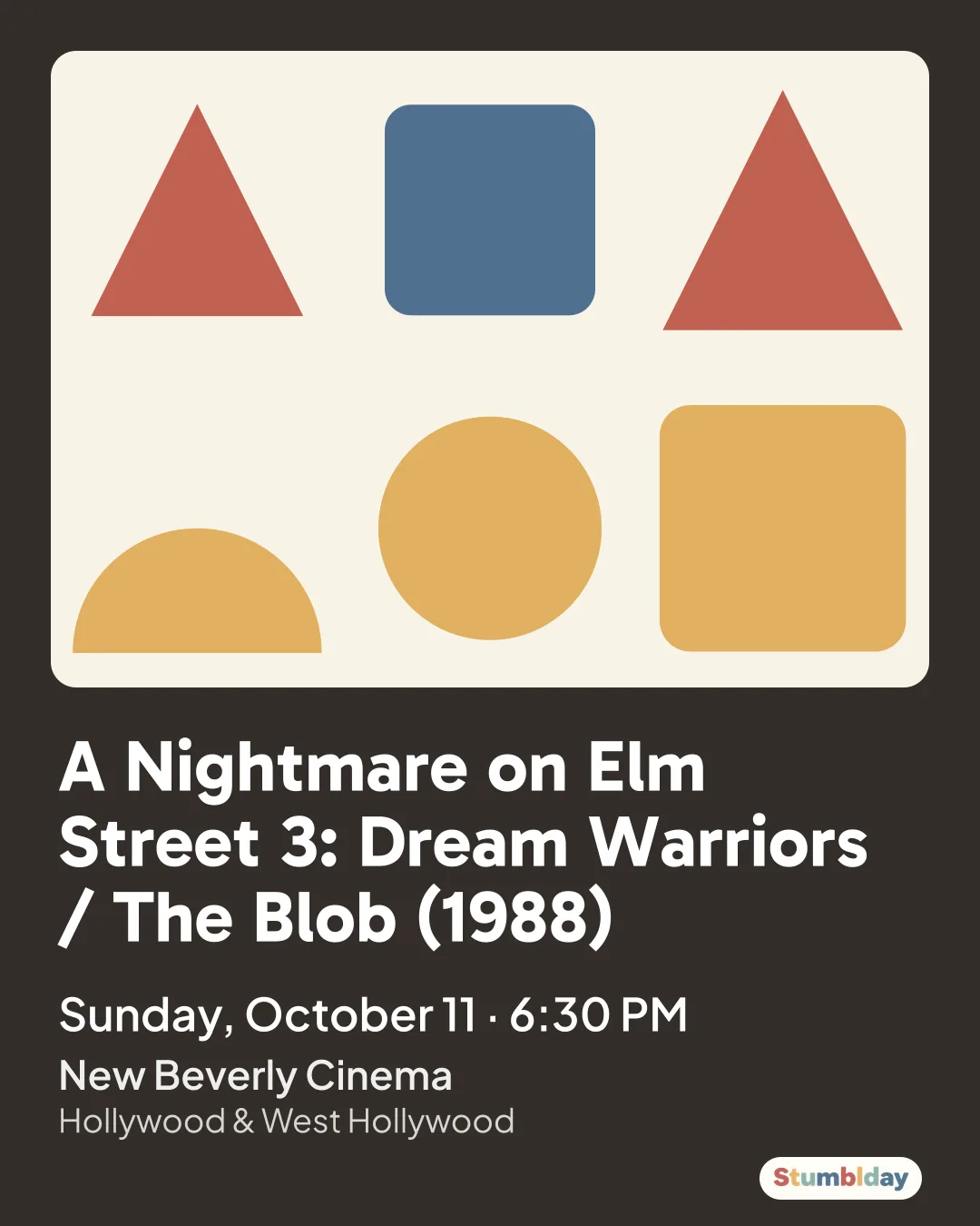 Flyer for A Nightmare on Elm Street 3: Dream Warriors / The Blob (1988): Sunday, October 11 · 6:30 PM at New Beverly Cinema