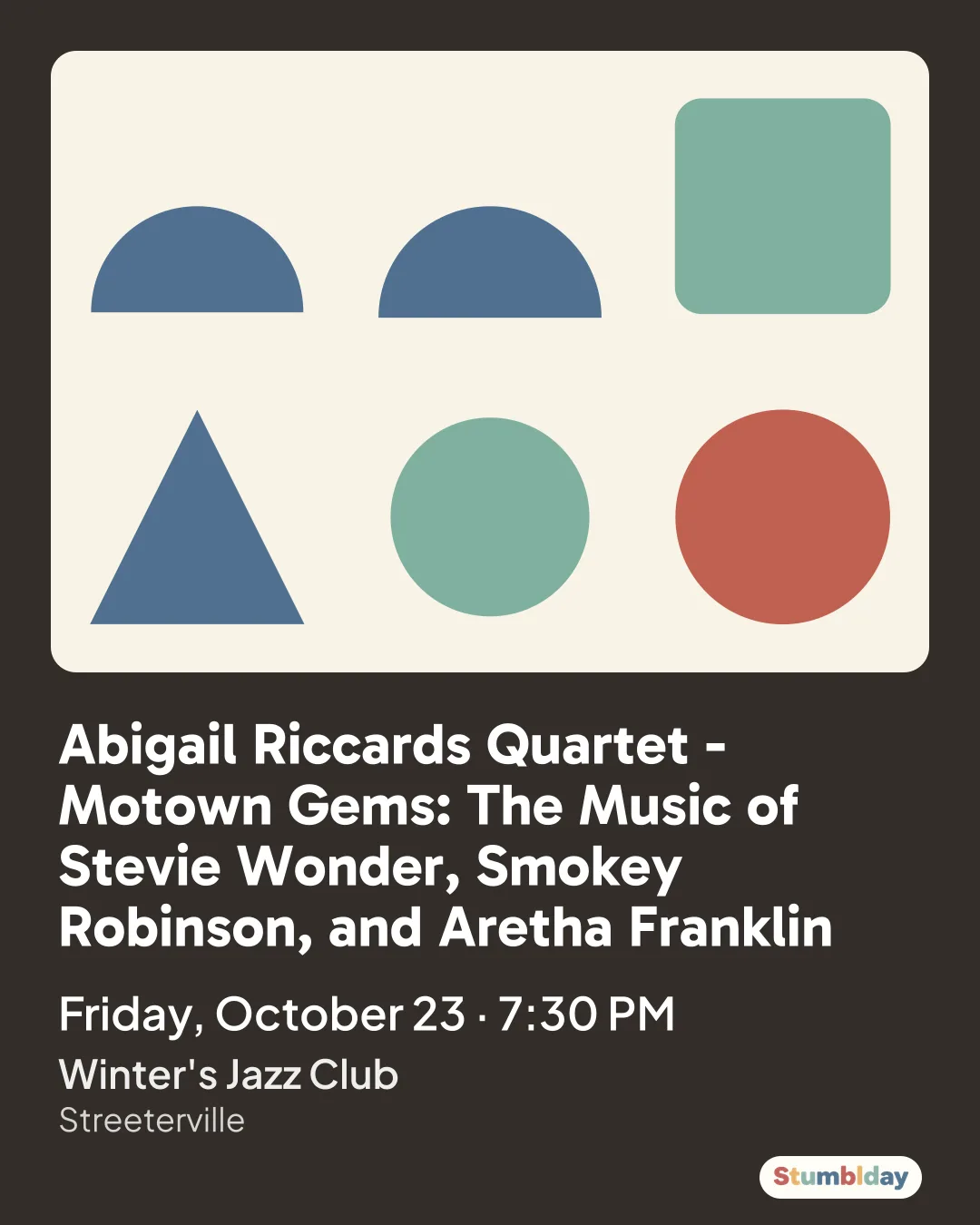 Flyer for Abigail Riccards Quartet - Motown Gems: The Music of Stevie Wonder, Smokey Robinson, and Aretha Franklin: Friday, October 23 · 7:30 PM at Winter's Jazz Club