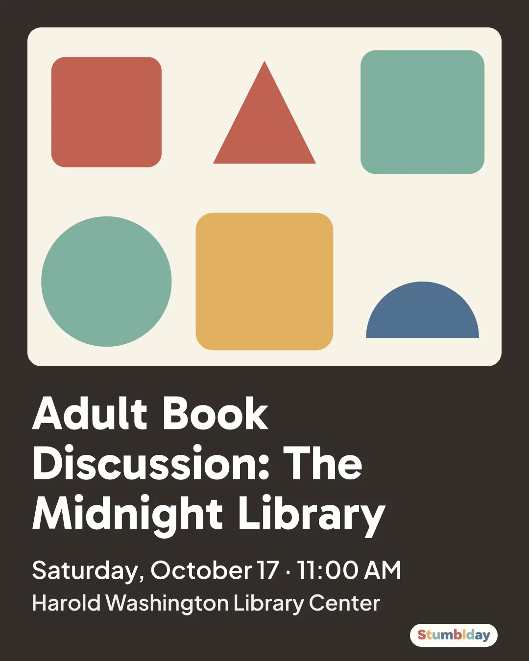 Flyer for Adult Book Discussion: The Midnight Library: Saturday, October 17 · 11:00 AM at Harold Washington Library Center