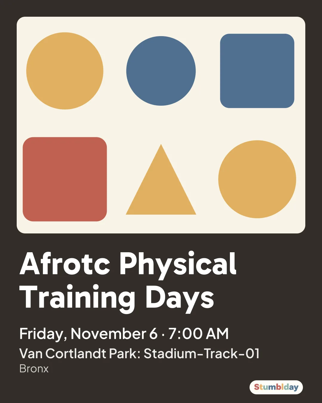Flyer for Afrotc Physical Training Days: Friday, November 6 ยท 7:00 AM at Van Cortlandt Park: Stadium-Track-01