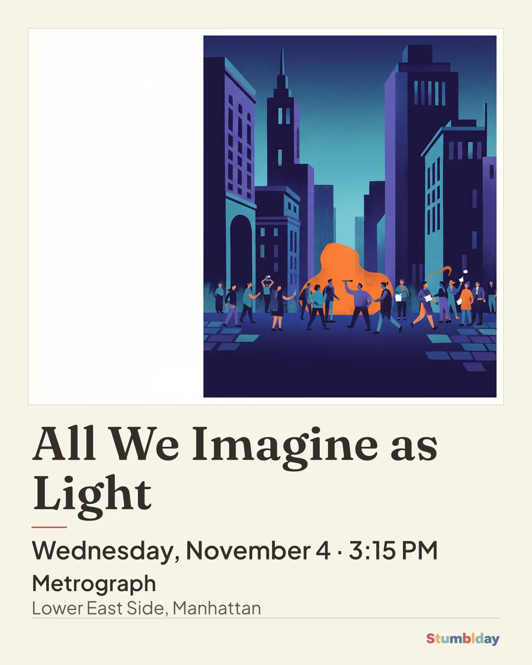 Flyer for All We Imagine as Light: Wednesday, November 4 · 3:15 PM at Metrograph