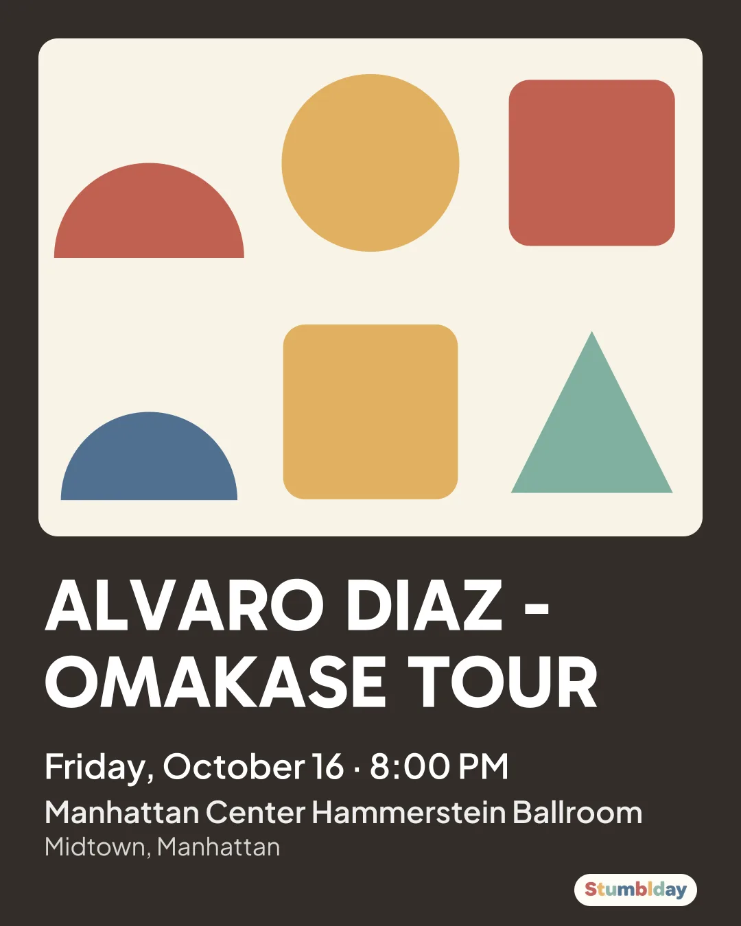 Flyer for ALVARO DIAZ - OMAKASE TOUR: Friday, October 16 · 8:00 PM at Manhattan Center Hammerstein Ballroom
