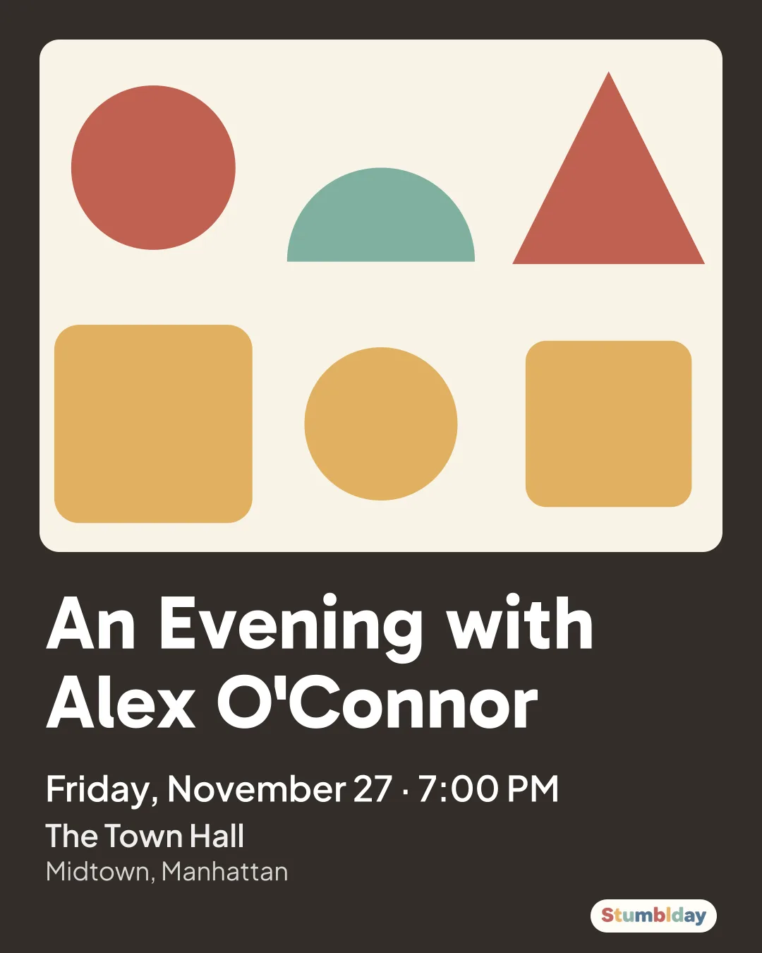Flyer for An Evening with Alex O'Connor: Friday, November 27 · 7:00 PM at The Town Hall