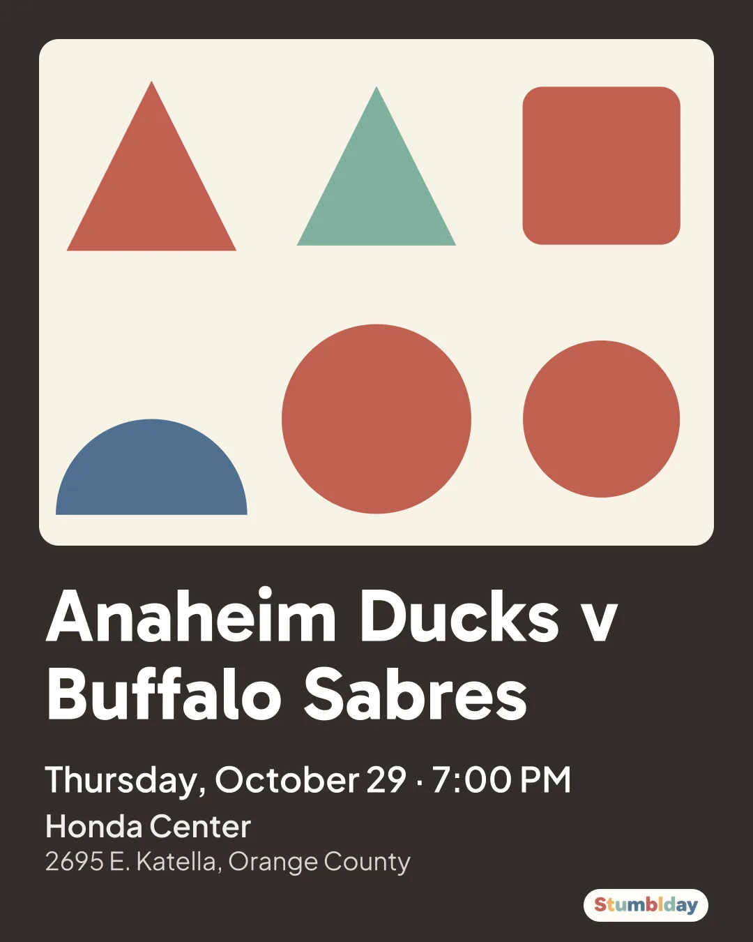 Flyer for Anaheim Ducks v Buffalo Sabres: Thursday, October 29 · 7:00 PM at Honda Center