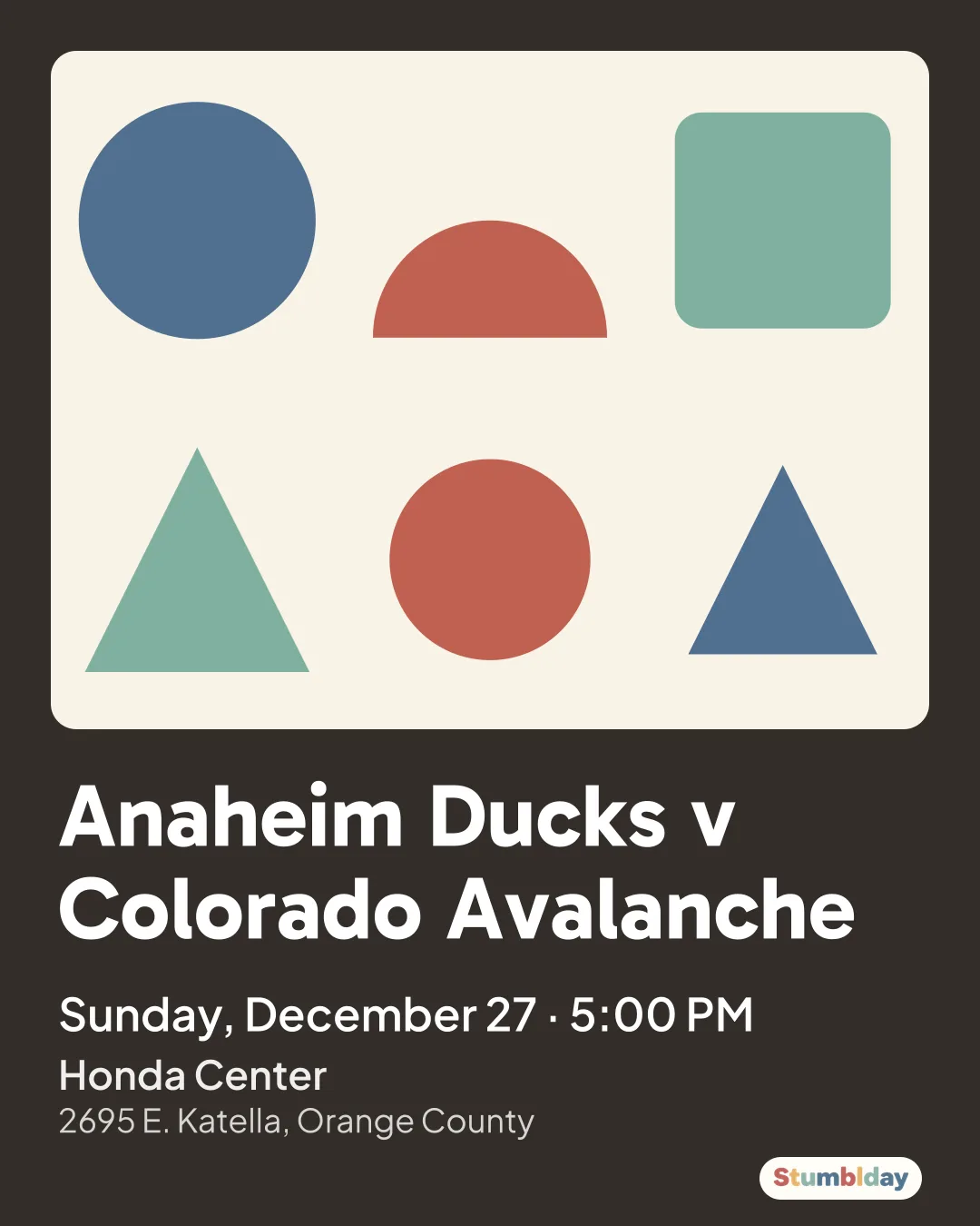 Flyer for Anaheim Ducks v Colorado Avalanche: Sunday, December 27 · 5:00 PM at Honda Center
