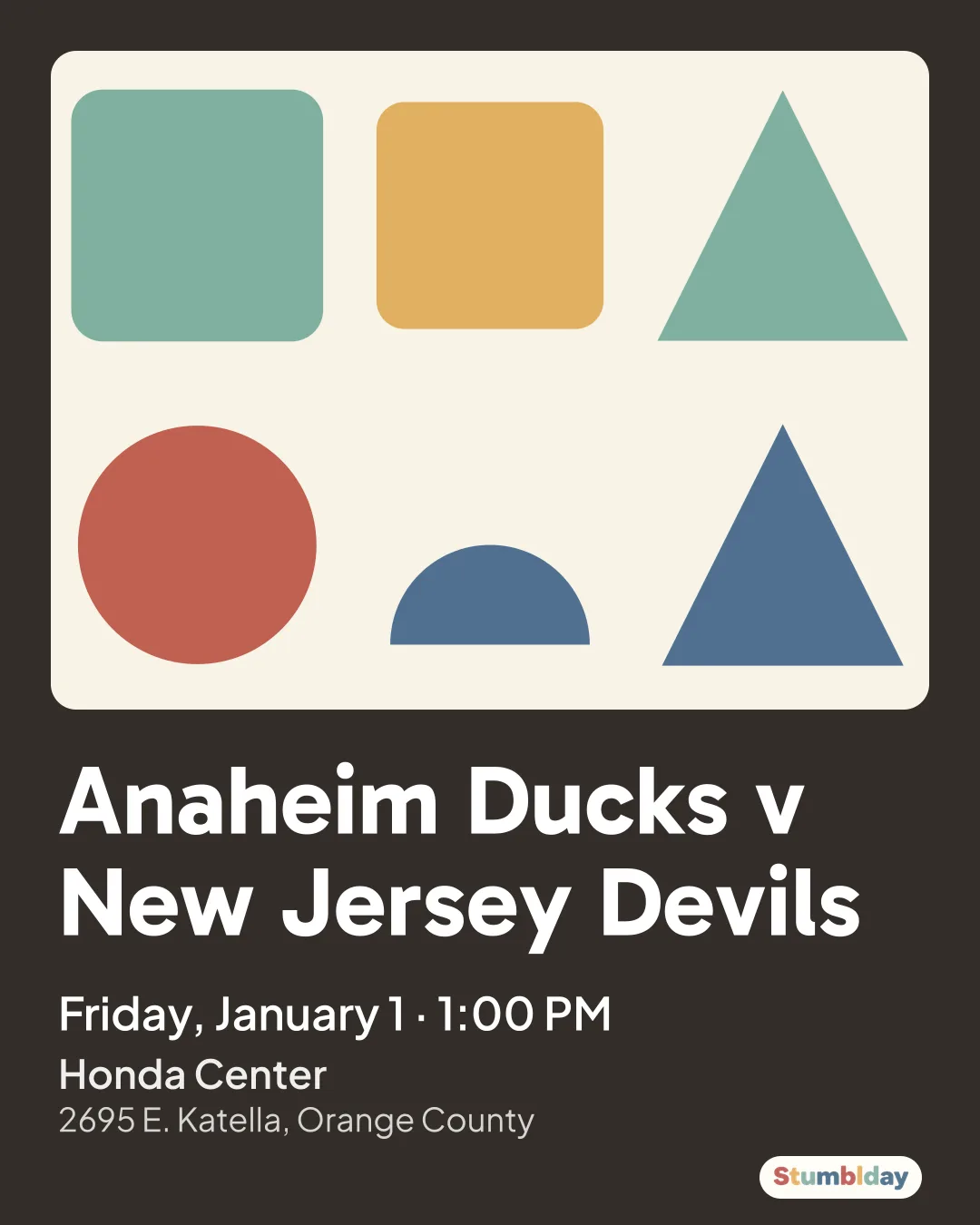 Flyer for Anaheim Ducks v New Jersey Devils: Friday, January 1 · 1:00 PM at Honda Center
