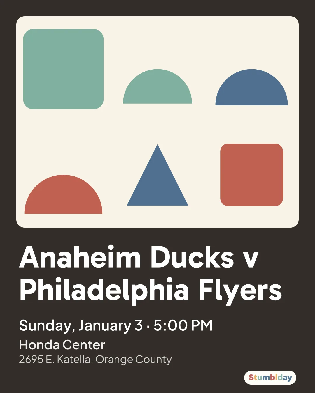 Flyer for Anaheim Ducks v Philadelphia Flyers: Sunday, January 3 · 5:00 PM at Honda Center