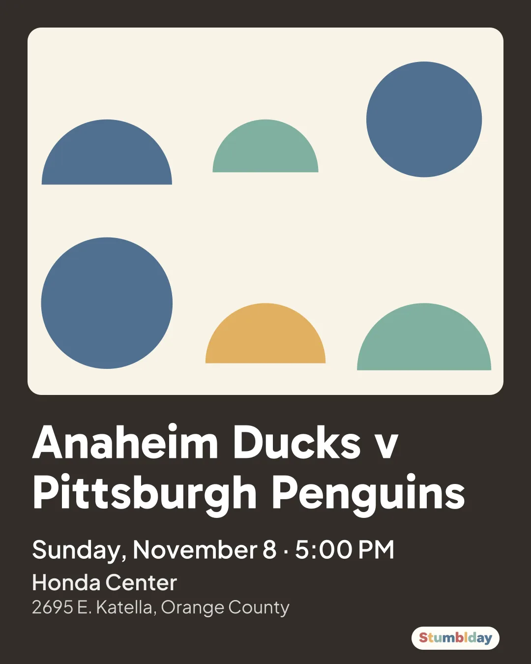 Flyer for Anaheim Ducks v Pittsburgh Penguins: Sunday, November 8 · 5:00 PM at Honda Center