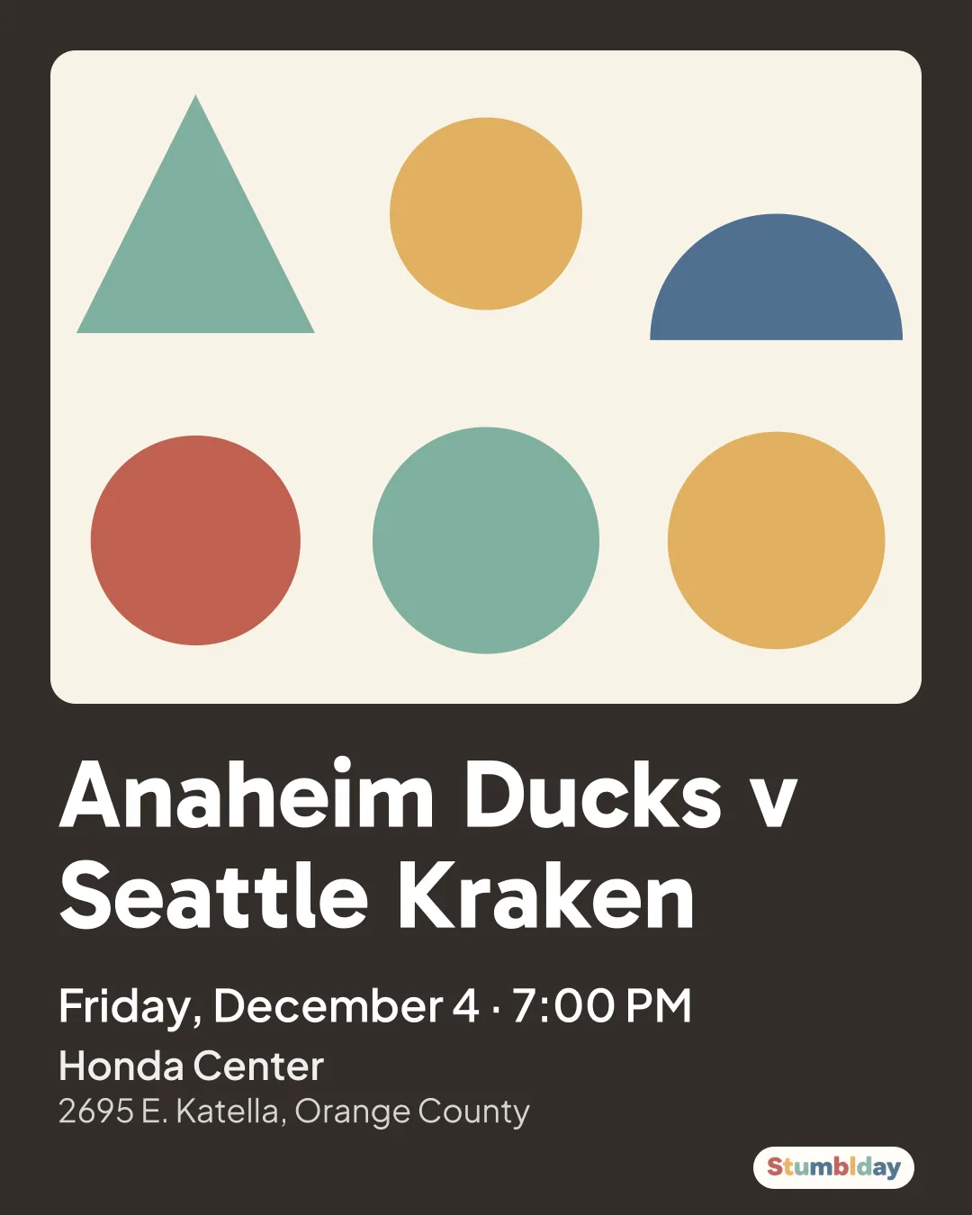 Flyer for Anaheim Ducks v Seattle Kraken: Friday, December 4 · 7:00 PM at Honda Center