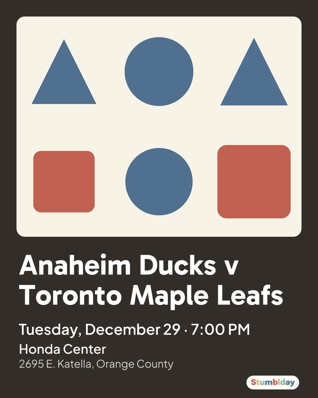 Flyer for Anaheim Ducks v Toronto Maple Leafs: Tuesday, December 29 · 7:00 PM at Honda Center