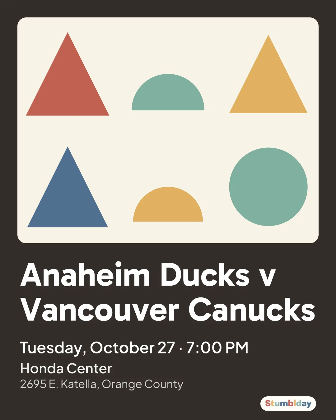 Flyer for Anaheim Ducks v Vancouver Canucks: Tuesday, October 27 · 7:00 PM at Honda Center