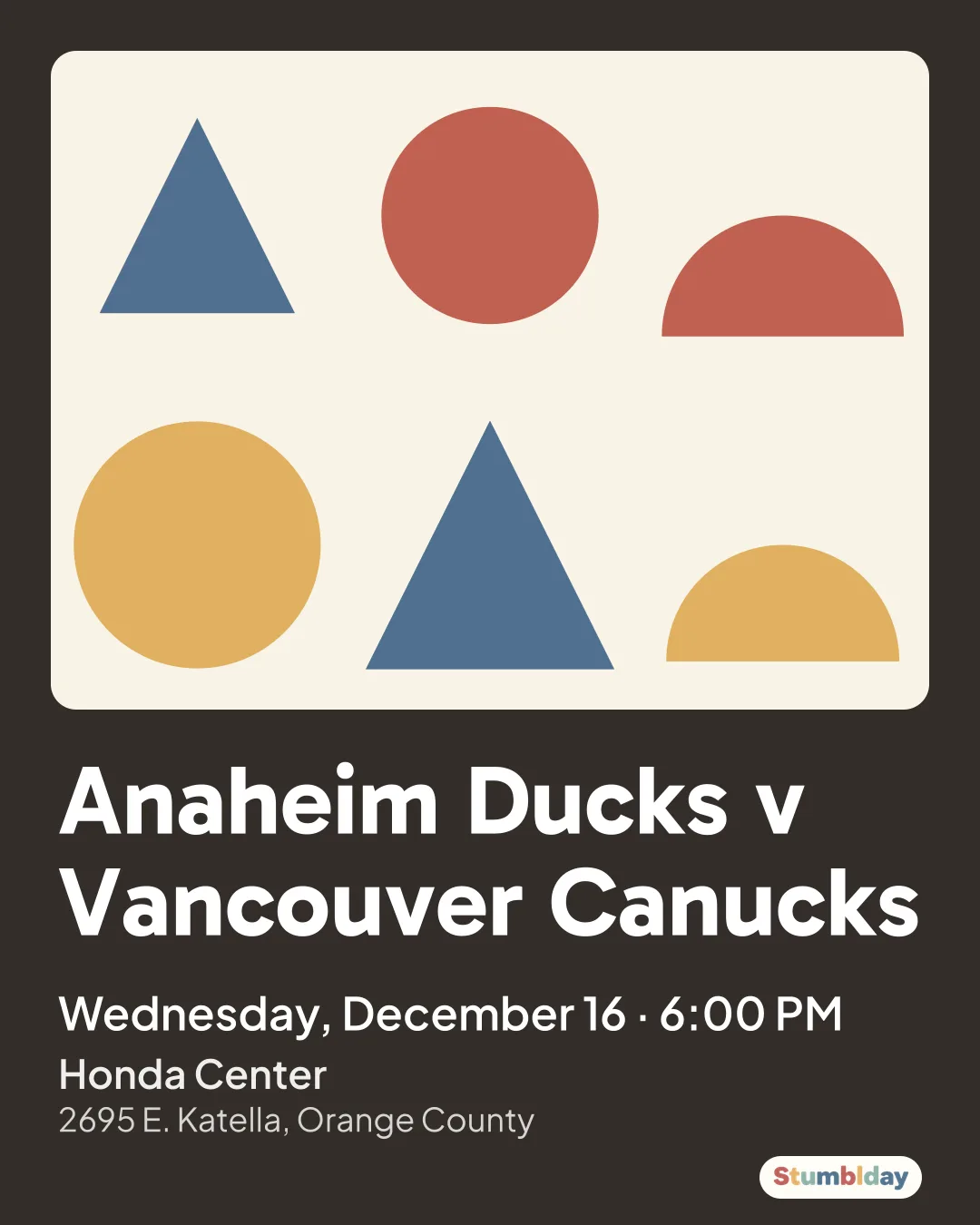 Flyer for Anaheim Ducks v Vancouver Canucks: Wednesday, December 16 · 6:00 PM at Honda Center