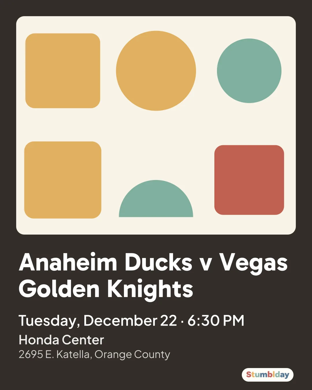 Flyer for Anaheim Ducks v Vegas Golden Knights: Tuesday, December 22 · 6:30 PM at Honda Center