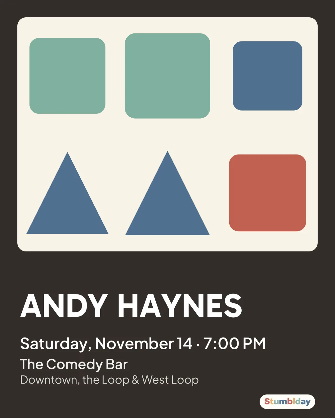 Flyer for ANDY HAYNES: Saturday, November 14 · 7:00 PM at The Comedy Bar