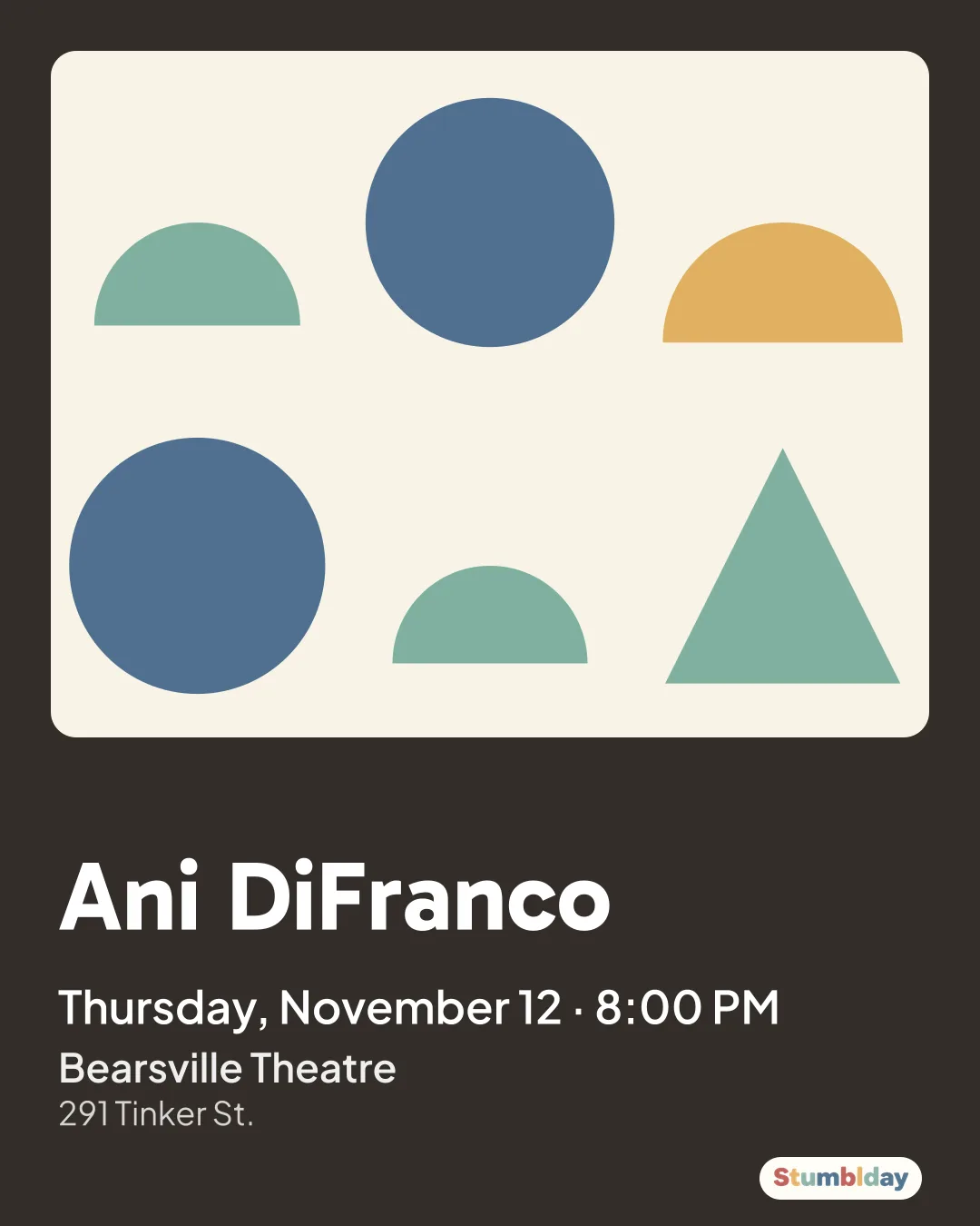 Flyer for Ani DiFranco: Thursday, November 12 · 8:00 PM at Bearsville Theatre