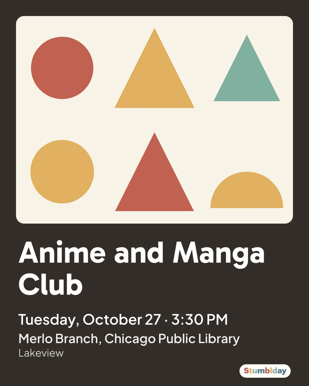Flyer for Anime and Manga Club: Tuesday, October 27 · 3:30 PM at Merlo Branch, Chicago Public Library
