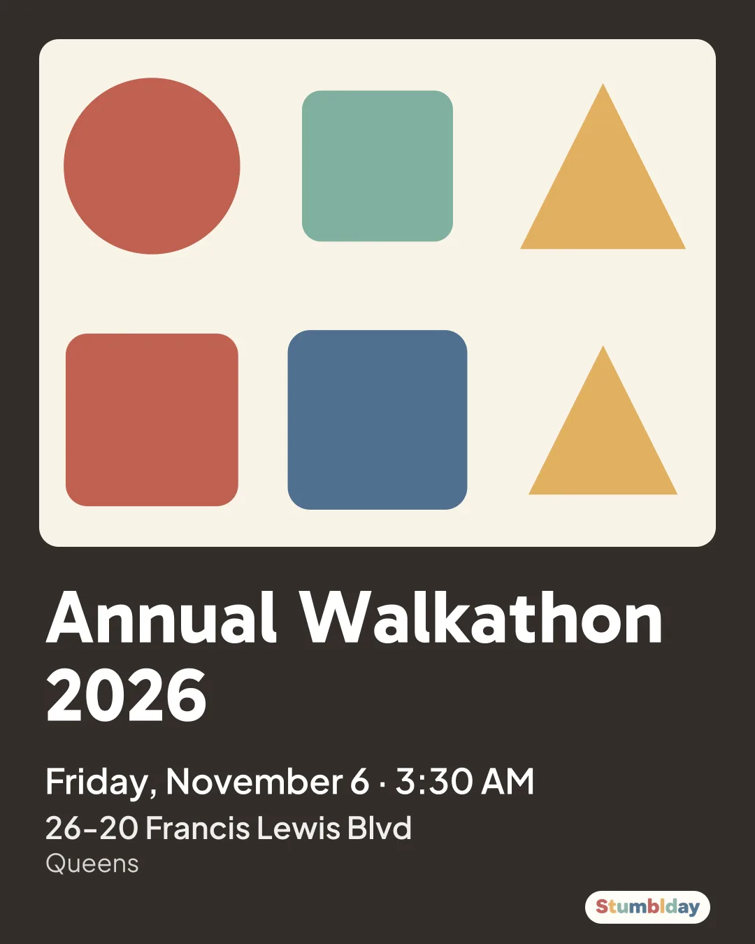 Flyer for Annual Walkathon 2026: Friday, November 6 · 3:30 AM at 26-20 Francis Lewis Blvd