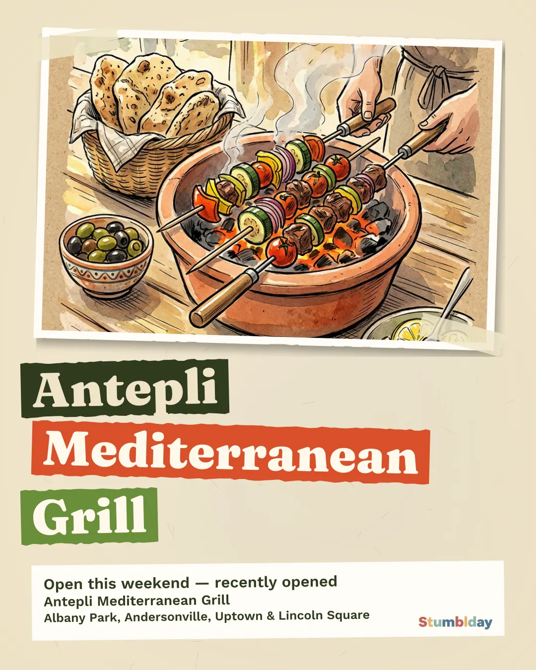 Flyer for Antepli Mediterranean Grill: Open this weekend — recently opened at Antepli Mediterranean Grill