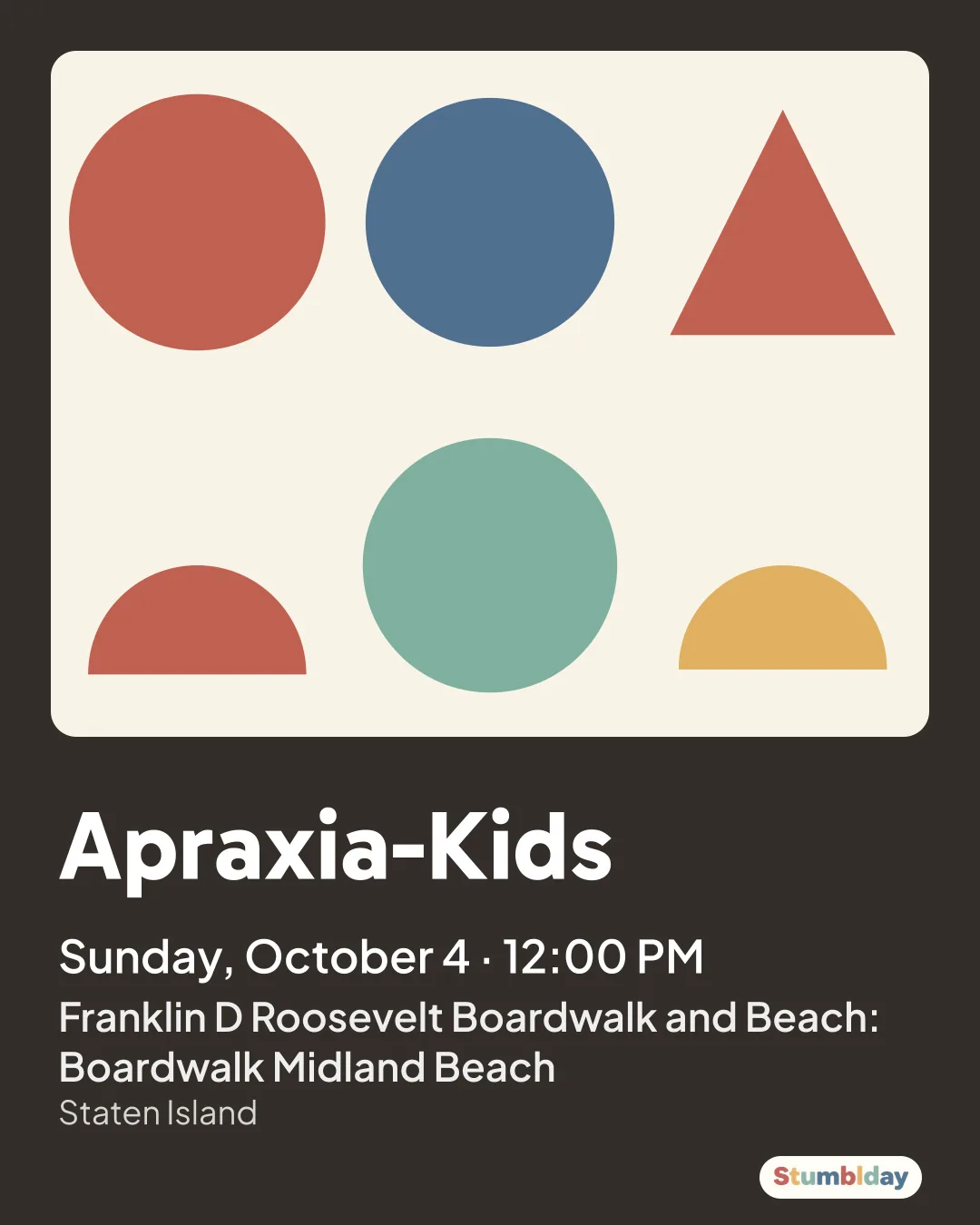 Flyer for Apraxia-Kids: Sunday, October 4 · 12:00 PM at Franklin D Roosevelt Boardwalk and Beach: Boardwalk Midland Beach