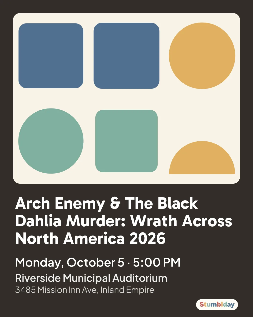 Flyer for Arch Enemy & The Black Dahlia Murder: Wrath Across North America 2026: Monday, October 5 · 5:00 PM at Riverside Municipal Auditorium