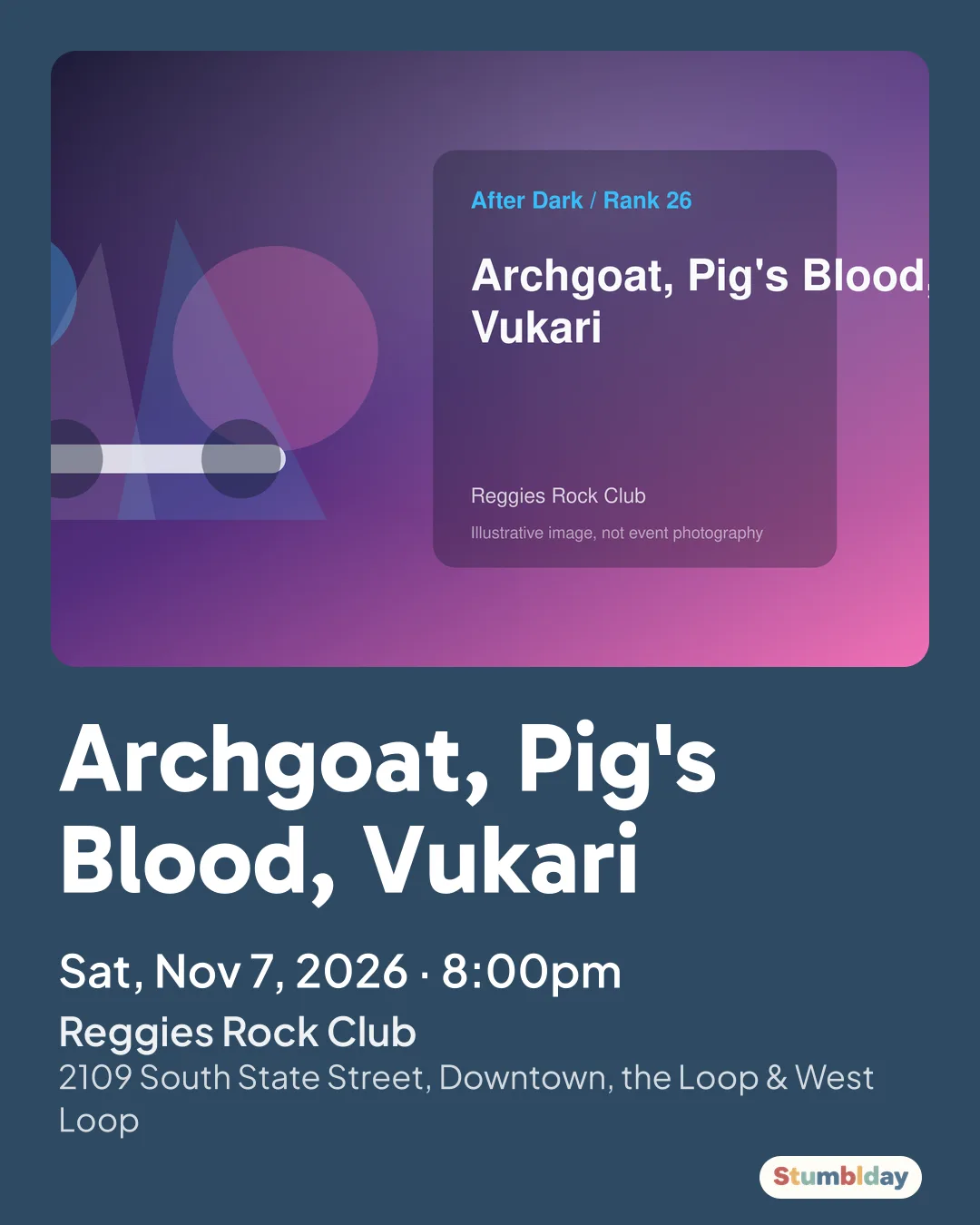 Flyer for Archgoat, Pig's Blood, Vukari: Sat, Nov 7, 2026 · 8:00pm at Reggies Rock Club