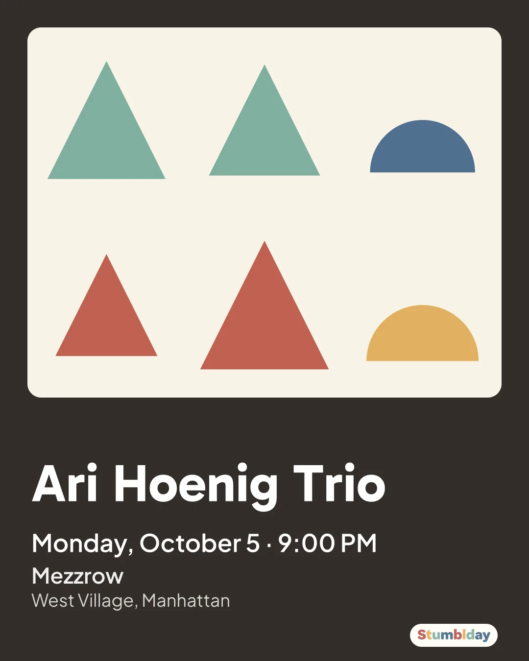 Flyer for Ari Hoenig Trio: Monday, October 5 · 9:00 PM at Mezzrow