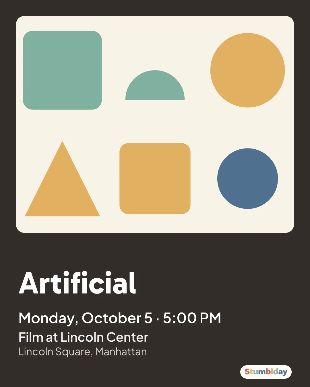 Flyer for Artificial: Monday, October 5 · 5:00 PM at Film at Lincoln Center