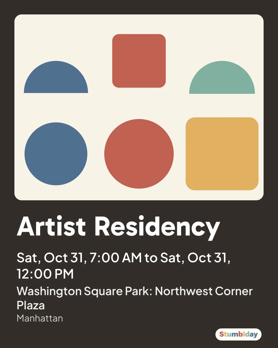 Flyer for Artist Residency: Sat, Oct 31, 7:00 AM to Sat, Oct 31, 12:00 PM at Washington Square Park: Northwest Corner Plaza
