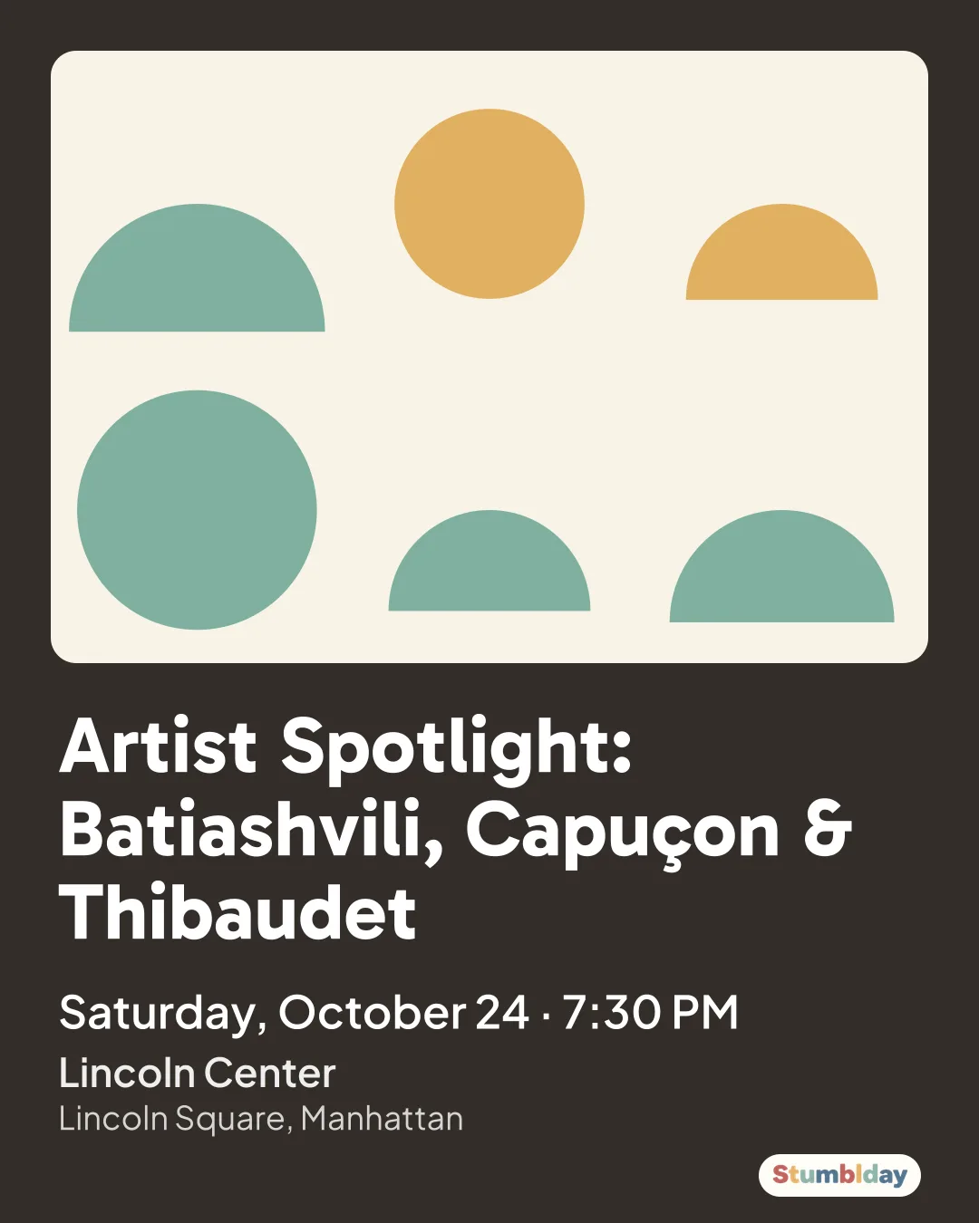 Flyer for Artist Spotlight: Batiashvili, Capuçon & Thibaudet: Saturday, October 24 · 7:30 PM at Lincoln Center