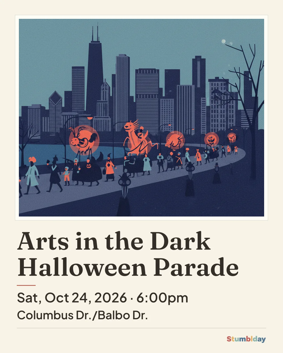 Flyer for Arts in the Dark Halloween Parade: Sat, Oct 24, 2026 · 6:00pm at Columbus Dr./Balbo Dr.