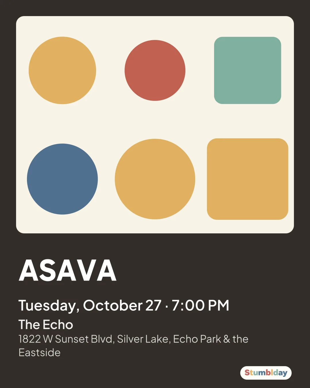 Flyer for ASAVA: Tuesday, October 27 · 7:00 PM at The Echo