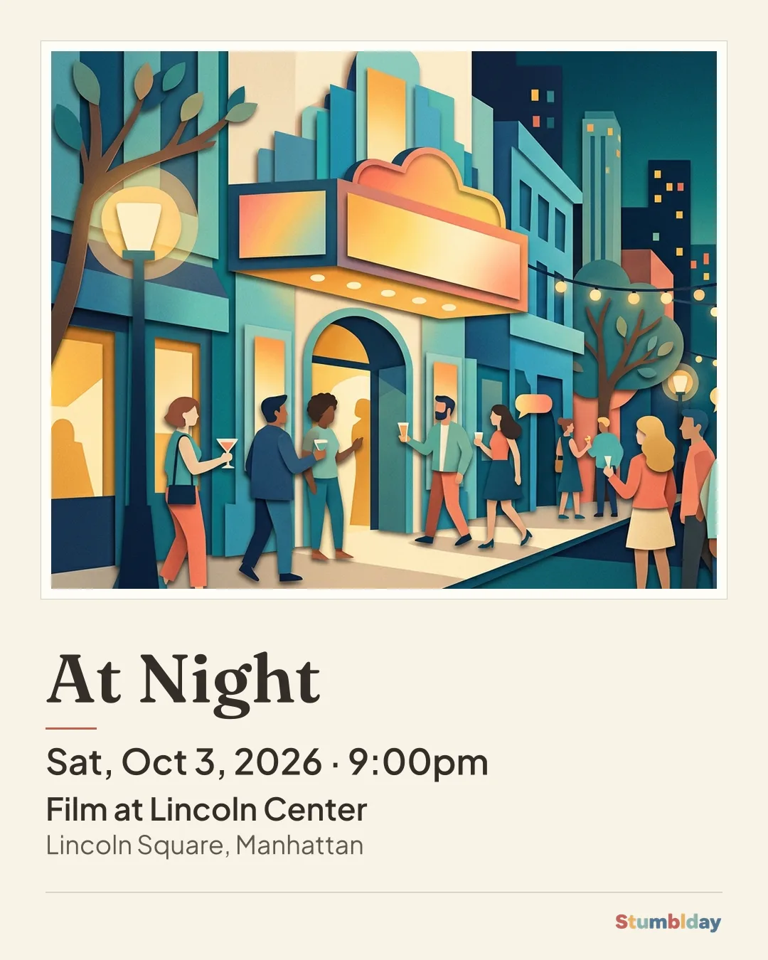 Flyer for At Night: Sat, Oct 3, 2026 · 9:00pm at Film at Lincoln Center