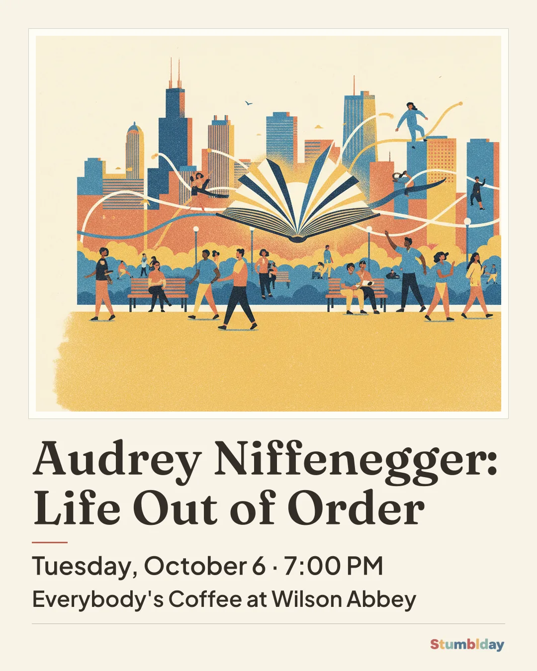 Flyer for Audrey Niffenegger: Life Out of Order: Tuesday, October 6 · 7:00 PM at Everybody's Coffee at Wilson Abbey