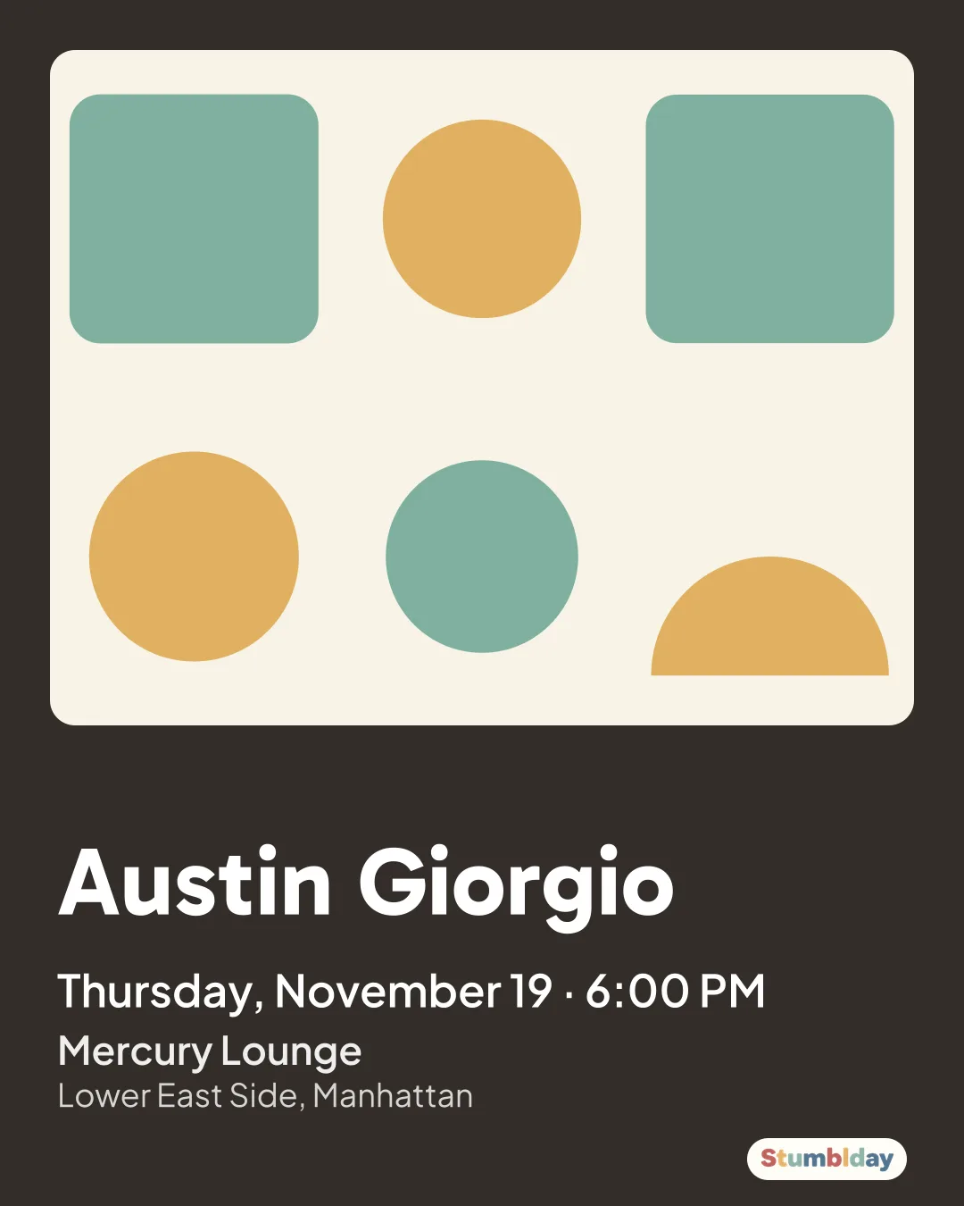 Flyer for Austin Giorgio: Thursday, November 19 · 6:00 PM at Mercury Lounge