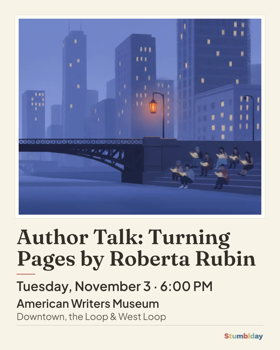 Flyer for Author Talk: Turning Pages by Roberta Rubin: Tuesday, November 3 · 6:00 PM at American Writers Museum