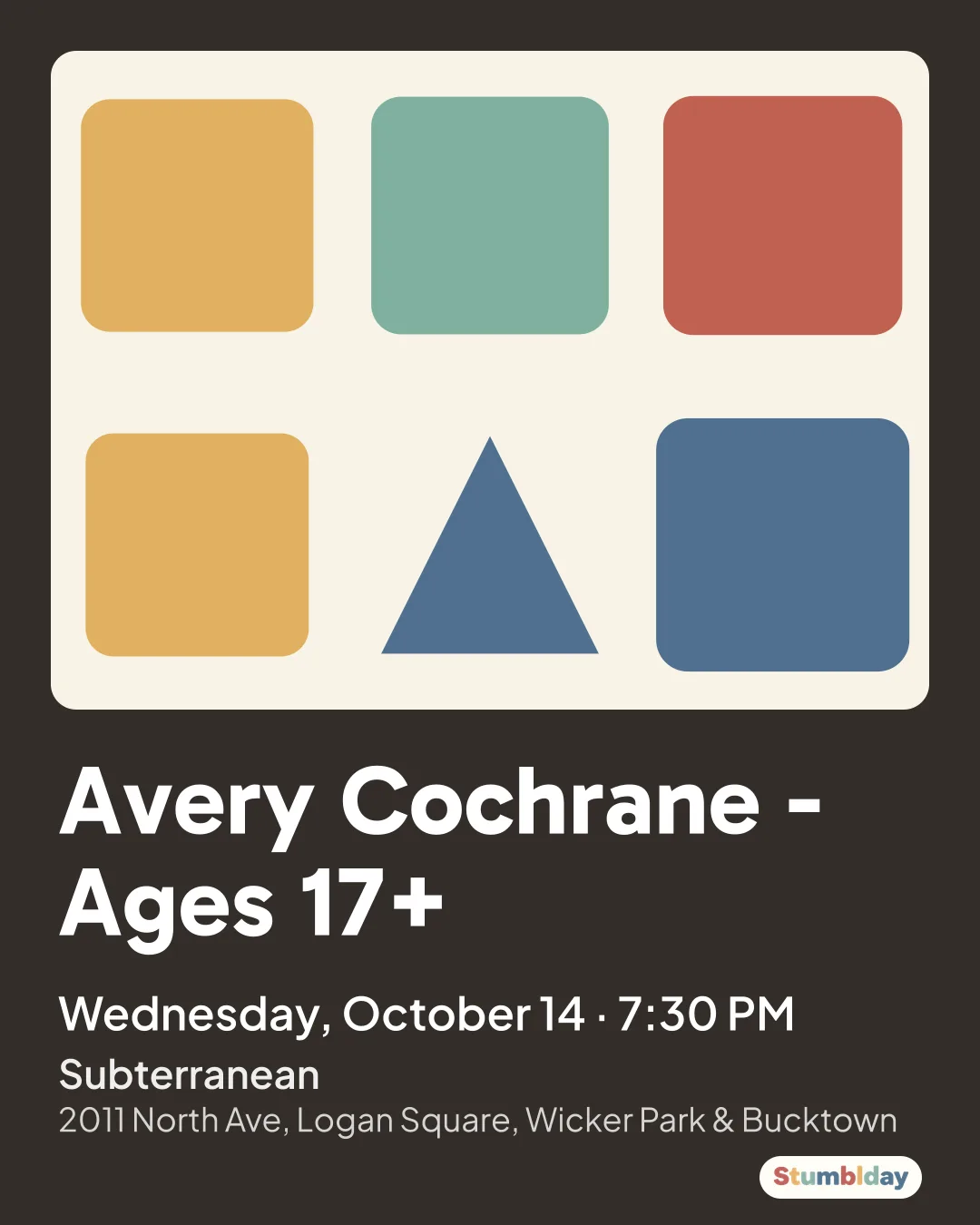 Flyer for Avery Cochrane - Ages 17+: Wednesday, October 14 · 7:30 PM at Subterranean