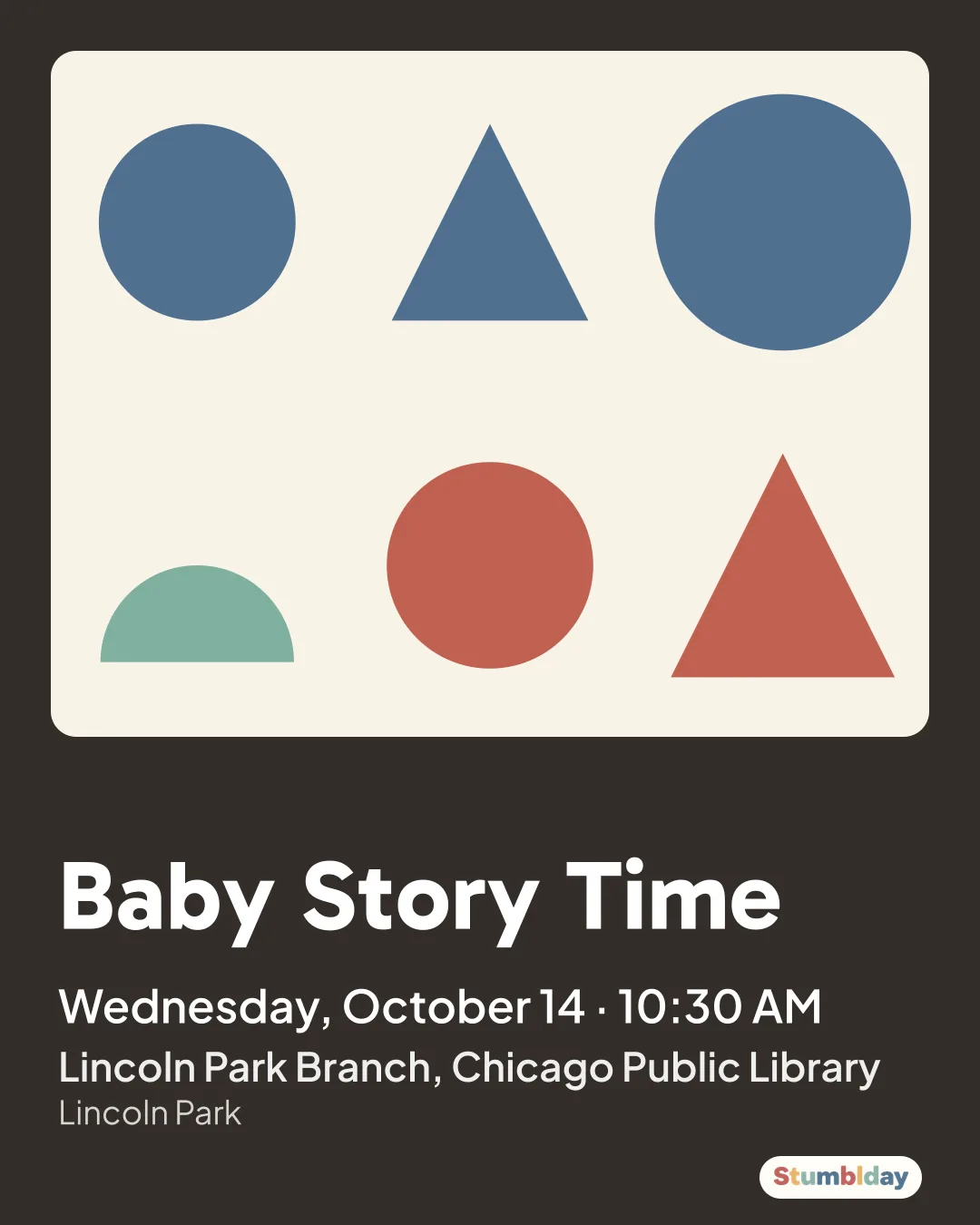 Flyer for Baby Story Time: Wednesday, October 14 · 10:30 AM at Lincoln Park Branch, Chicago Public Library