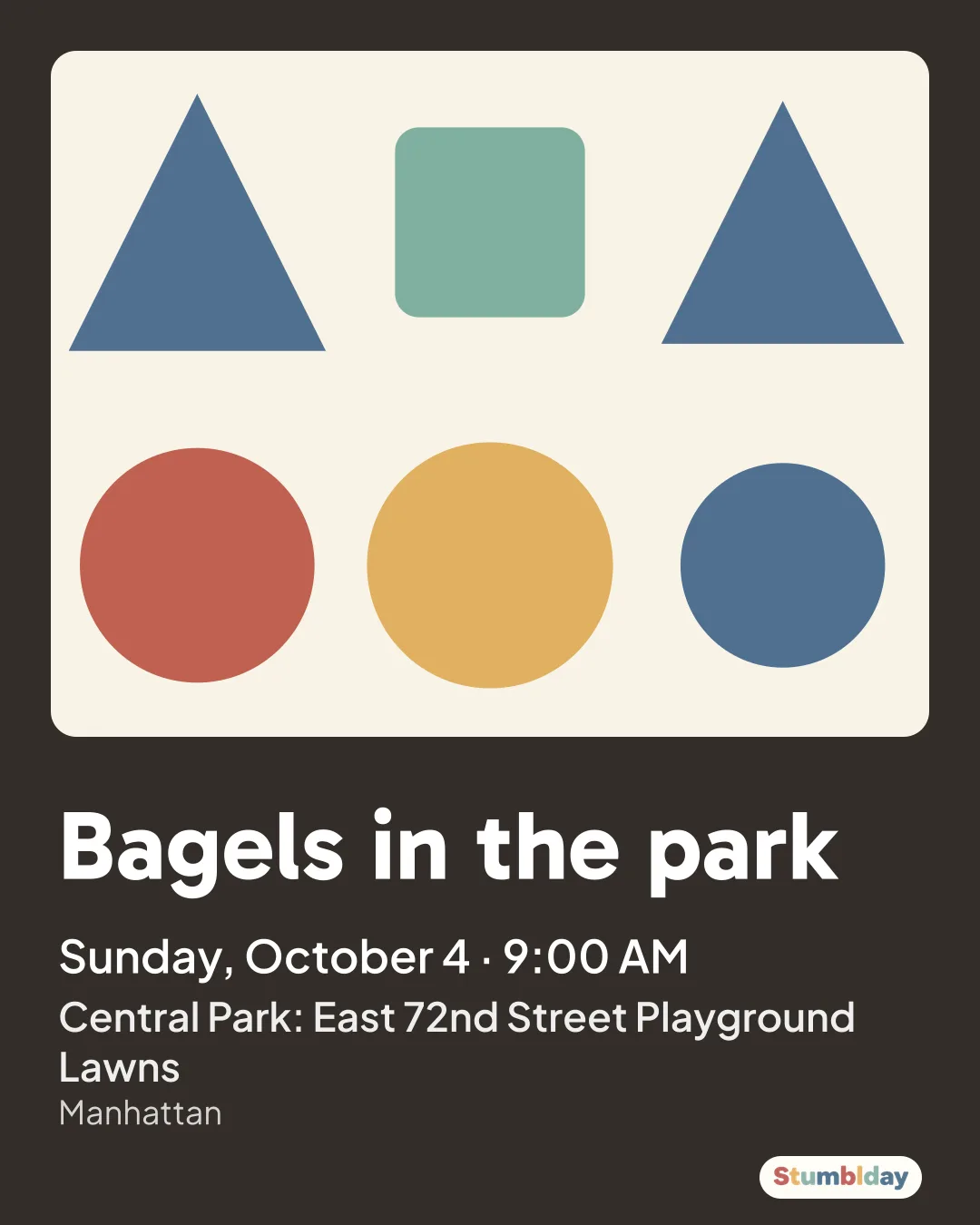 Flyer for Bagels in the park: Sunday, October 4 · 9:00 AM at Central Park: East 72nd Street Playground Lawns
