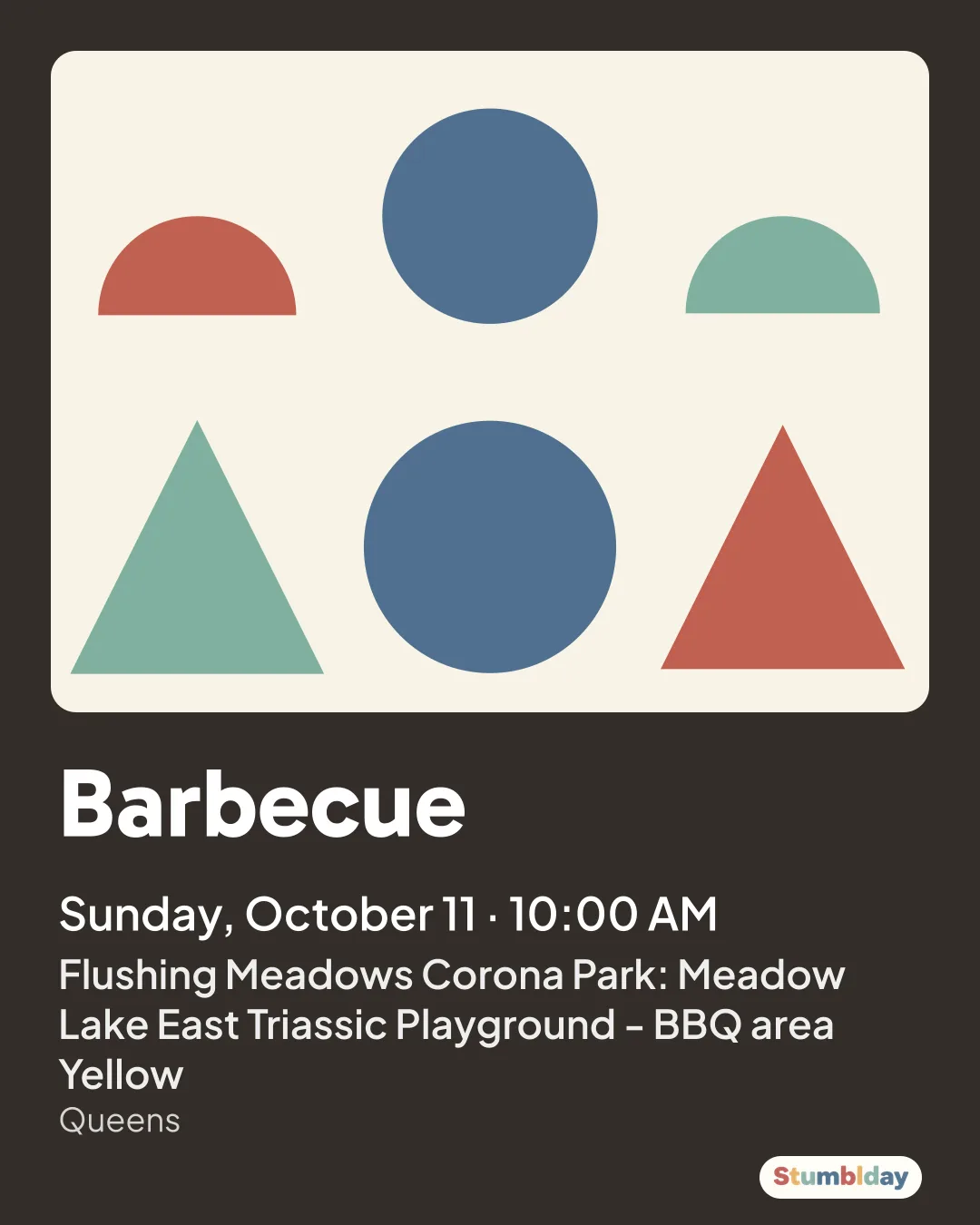 Flyer for Barbecue: Sunday, October 11 · 10:00 AM at Flushing Meadows Corona Park: Meadow Lake East Triassic Playground - BBQ area Yellow