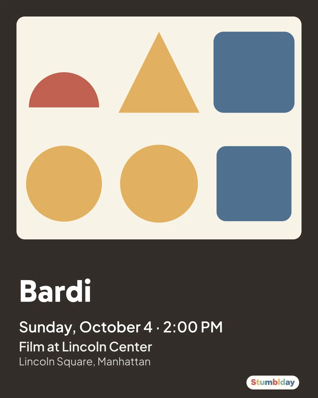 Flyer for Bardi: Sunday, October 4 · 2:00 PM at Film at Lincoln Center