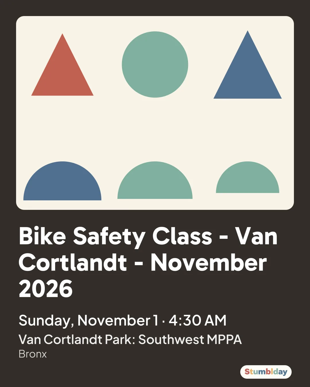 Flyer for Bike Safety Class - Van Cortlandt - November 2026: Sunday, November 1 · 4:30 AM at Van Cortlandt Park: Southwest MPPA