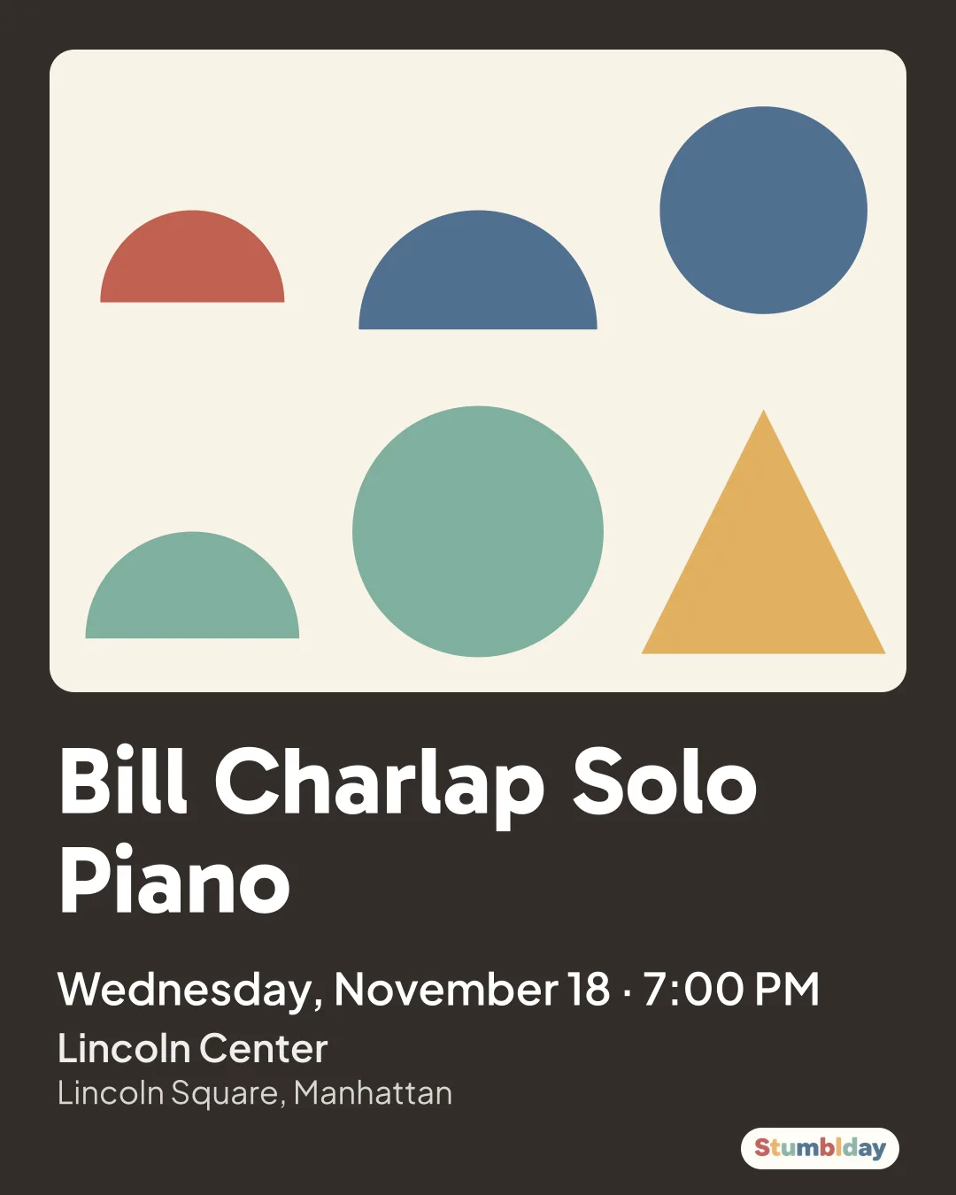 Flyer for Bill Charlap Solo Piano: Wednesday, November 18 · 7:00 PM at Lincoln Center
