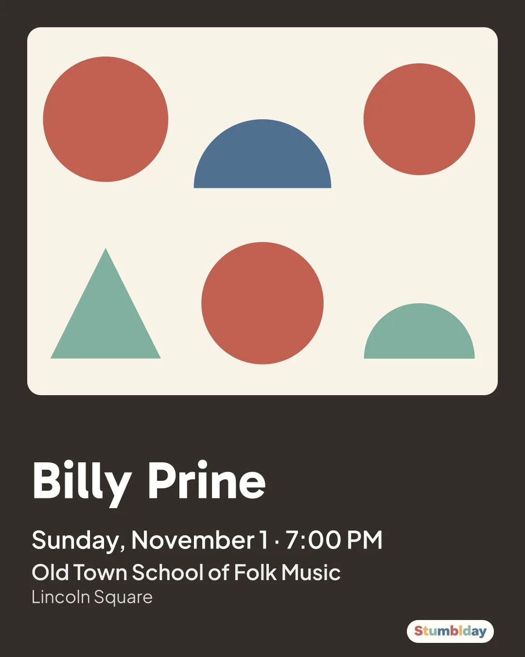 Flyer for Billy Prine: Sunday, November 1 · 7:00 PM at Old Town School of Folk Music